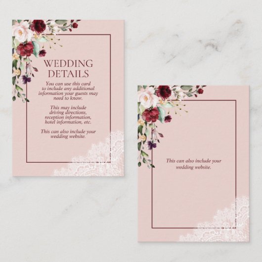 エレガントなバーガンディーブラッシュボタニカルレースの詳細 エンクロージャーカード (正面/裏面)