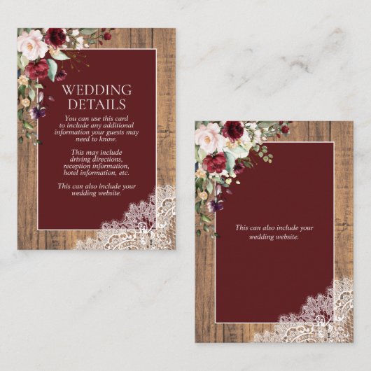 エレガントなバーガンディーブラッシュボタニカルレースウッドディテール エンクロージャーカード (正面/裏面)