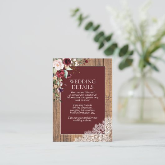 エレガントなバーガンディーブラッシュ ボタニカルレース ウッドディテール エンクロージャーカード (スタンド正面)