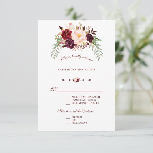 エレガントなバーガンディーレッド マーサラ フラワーの結婚式出欠確認カード 出欠カード (スタンド正面)