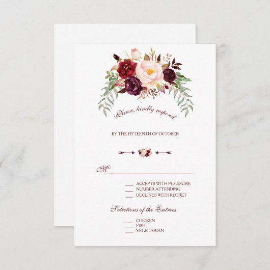 エレガントなバーガンディーレッド マーサラ フラワーの結婚式出欠確認カード 出欠カード (正面/裏面)