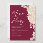 エレガントなバーガンディ ウォーターカラー アイボリー フローラル QR コード 招待状 (正面)