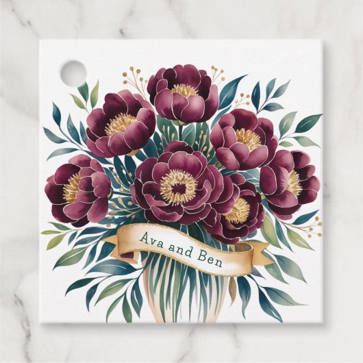 エレガントなバーガンディ＆エメラルド ピオニー ゴールドアクセント フェイバータグ (正面)