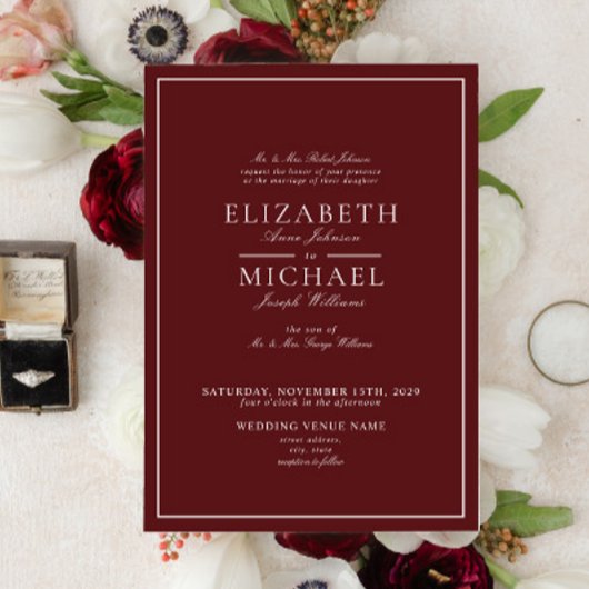 エレガントなバーガンディ クラシック スクリプト ウェディング 招待状