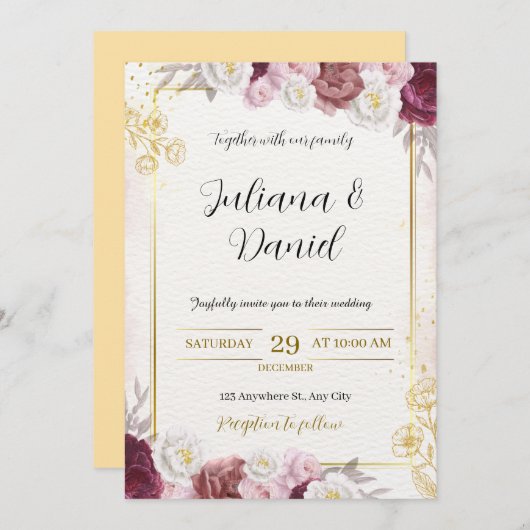 エレガントなバーガンディ&ゴールドの花の結婚式招待状 招待状 (正面/裏面)