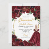 エレガントなバーガンディ＆ゴールドの花柄のキンセアニエラ招待状 招待状 (正面)
