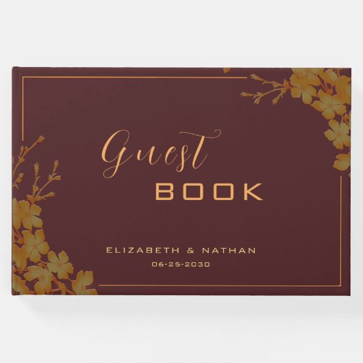 エレガントなバーガンディ＆ゴールドの花柄ゲストブック ゲストブック (正面)