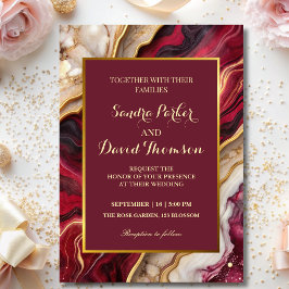 エレガントなバーガンディ ゴールド アゲート マーブル モダン ウェディング 招待状