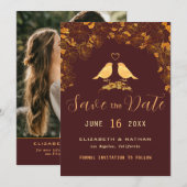 エレガントなバーガンディ＆ゴールド フラワー バード カスタム フォト セーブザデート (正面/裏面)