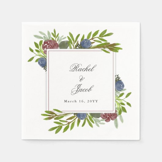 エレガントなバーガンディ ネイビーブルー 花の結婚式 スタンダードカクテルナプキン (正面)