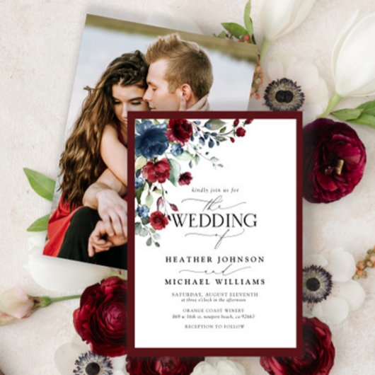 エレガントなバーガンディ ネイビーブルー 花 水彩 フォト 招待状