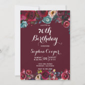 エレガントなバーガンディ ネイビー フラワーの70歳の誕生日パーティー 招待状 (正面)