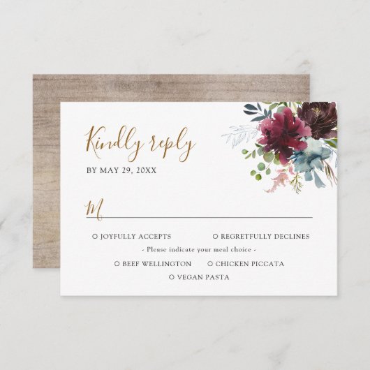 エレガントなバーガンディ ネイビー フラワーズ ご飯のオプション付き 出欠カード (正面/裏面)