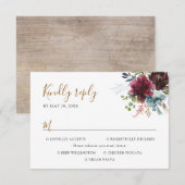 エレガントなバーガンディ ネイビー フラワーズ（食事オプション付き） 出欠カード (正面/裏面)