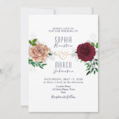 エレガントなバーガンディ ネイビー フラワー 招待状 (正面)