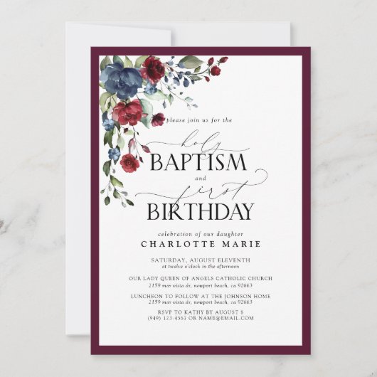 エレガントなバーガンディ ネイビー フラワー 洗礼 初誕生日 招待状 (正面)