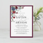 エレガントなバーガンディ ネイビー フラワー 洗礼 初誕生日 招待状 (スタンド正面)