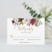 エレガントなバーガンディ ネイビー フローラルとグリーンウェディング 出欠カード (スタンド正面)