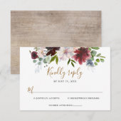 エレガントなバーガンディ ネイビー フローラルとグリーンウェディング 出欠カード (正面/裏面)
