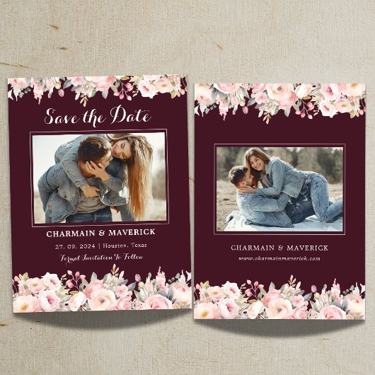 エレガントなバーガンディ フラワーピンク ウェディング セーブ・ザ・デート 招待状