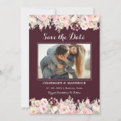 エレガントなバーガンディ フラワーピンク ウェディング セーブ・ザ・デート 招待状 (正面)