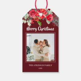 エレガントなバーガンディ フラワーファミリー フォト クリスマス ギフトタグ