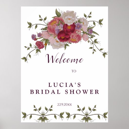 エレガントなバーガンディ フラワーブライダルシャワーウェルカム ポスター (正面)