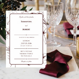 エレガントなバーガンディ フラワーラインアートの結婚式 招待状