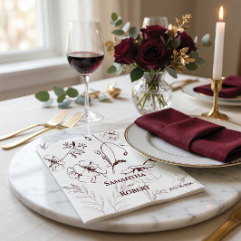 エレガントなバーガンディ フラワーラインアートペーパー スタンダードカクテルナプキン