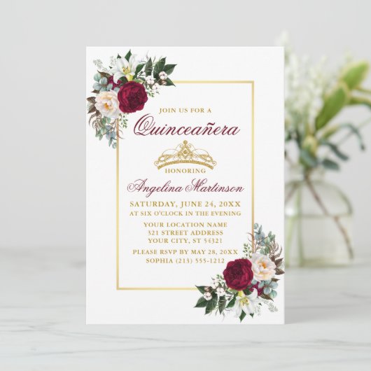 エレガントなバーガンディ フラワー グリーン フォト キンセアニエラ 招待状 (スタンド正面)