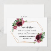 エレガントなバーガンディ フラワー ゴールド フレーム ウェディング セーブザデート (正面/裏面)