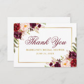 エレガントなバーガンディ フラワー ゴールド ブライダル シャワー サンキューカード (正面/裏面)