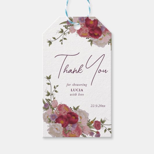エレガントなバーガンディ フラワー ブライダル シャワー サンクス ギフトタグ (正面)