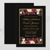 エレガントなバーガンディ フラワー ブラック ゴールド フレーム ウェディング 招待状 (正面/裏面)