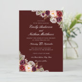 エレガントなバーガンディ フラワー ラ lace 結婚式招待状 招待状 (スタンド正面)