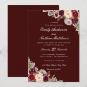 エレガントなバーガンディ フラワー ラ lace 結婚式招待状 招待状 (正面/裏面)