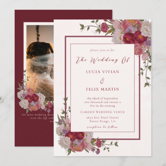 エレガントなバーガンディ フラワー QR コード フォト ウェディング 招待状 (正面/裏面)