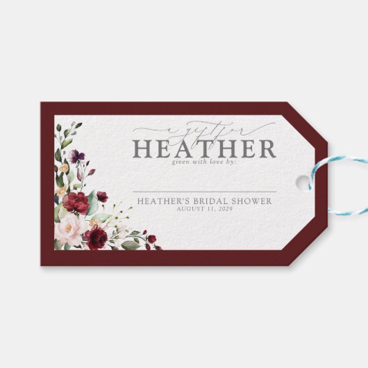 エレガントなバーガンディ フローラル ブライダル シャワー ノー ラッピング ギフトタグ (正面(横))