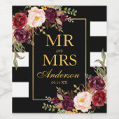 エレガントなバーガンディ フローラル ブラック ホワイト ストライプ ゴールド ワインラベル (シングルラベル)