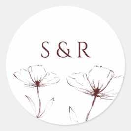 エレガントなバーガンディ フローラル ライン アート モノグラム ラウンド ラウンドシール