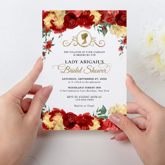 エレガントなバーガンディ フローラル ヴィクトリアン ブライダル シャワー 招待状