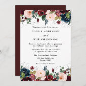 エレガントなバーガンディ、ブッシュ & ネイビーの水彩ウェディング 招待状 (正面/裏面)