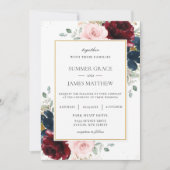 エレガントなバーガンディ ブラッシュ ブルー ローズ フラワーの結婚式 招待状 (正面)