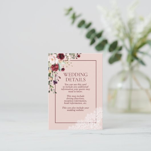 エレガントなバーガンディ ブラッシュ ボタニカルレースの詳細 エンクロージャーカード (スタンド正面)