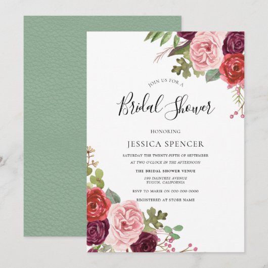 エレガントなバーガンディ ブラッシュ ミント ブライダル シャワー 招待状 (正面/裏面)