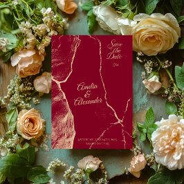 エレガントなバーガンディ＆ペイルゴールド大理石 Save the Date 招待状