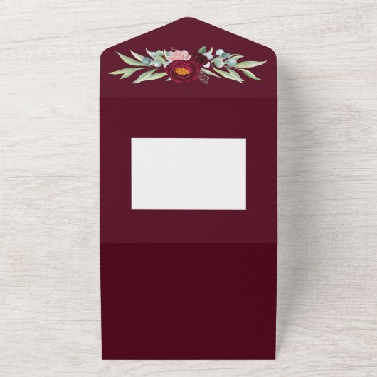 エレガントなバーガンディ マルサラ ウォーターカラー フラワーデザイン オールインワン招待状 (外側)