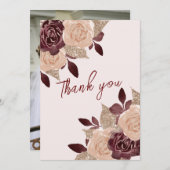エレガントなバーガンディ ローズゴールド グリッター フラワー フォト サンキューカード (正面/裏面)