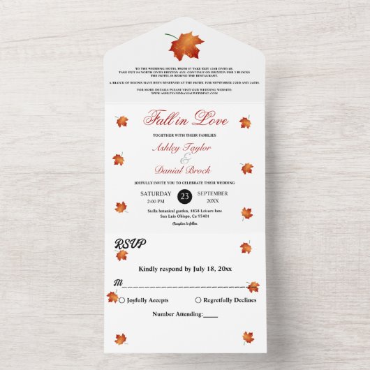 エレガントなバーガンディ 秋の落ち葉 オータム フラワー ウェディング オールインワン招待状 (内側)