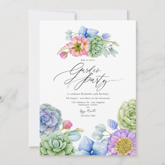 エレガントなパステルカラーの多肉植物ガーデンパーティー 招待状 (正面)